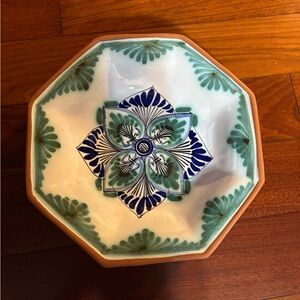 Mexican Decorative Octagonal Ceramic Bowl with Green and Blue Accents